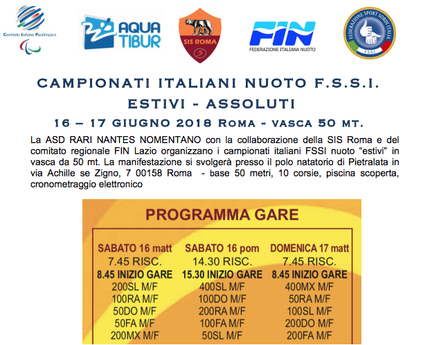 16-17 Giugno, Roma (RM). Campionato FSSI di Nuoto “Estivi” 50mt 16-17 Giugno, Roma (RM). Campionato FSSI di Nuoto “Estivi” 50mt