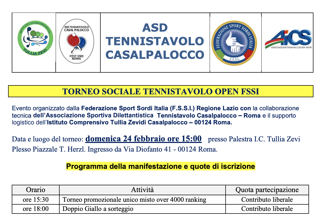 24 Febbraio, Casalpalocco (RM). Torneo Sociale Tennistavolo FSSI Open