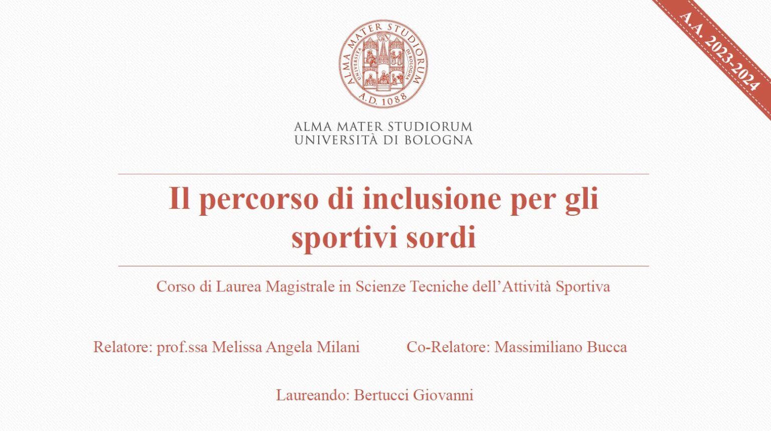 Tesi magistrale sull’inclusione degli atleti sordi, il giovane Bertucci G. si laurea con 110 e lode